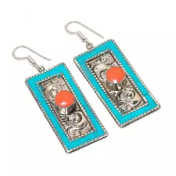 Серьги ручной работы из натуральной тибетской бирюзы и кораллового камня 2,88 дюйма n0g61