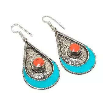 Серьги ручной работы из натуральной тибетской бирюзы и кораллового камня 2,92 дюйма y6P25