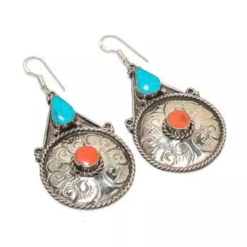 Серьги ручной работы из натуральной тибетской бирюзы и кораллового камня 2,88 дюйма G3k49