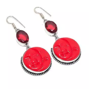 Серьги ручной работы из серебра 925 пробы с камеей, красным кораллом и гранатом 2,68 дюйма V8t96