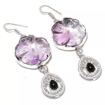 Серьги ручной работы из серебра 925 пробы с аметистом и ониксом 2,92 дюйма V2W37