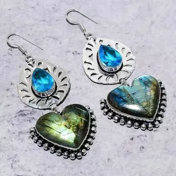 Серьги ручной работы из серебра 925 пробы с лабрадоритом и голубым топазом 2,99 дюйма Z7Z25