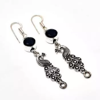 Серьги ручной работы из серебра 925 пробы с драгоценным камнем из черной шпинели 2,38 дюйма