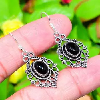 Серьги ручной работы из стерлингового серебра 925 пробы с натуральным черным ониксом 1,69 дюйма C0z58