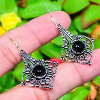 Серьги ручной работы из стерлингового серебра 925 пробы с натуральным черным ониксом 1,97 дюйма H1M27