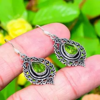 Серьги ручной работы из стерлингового серебра 925 пробы с натуральным драгоценным камнем перидот 1,62 дюйма J2E67