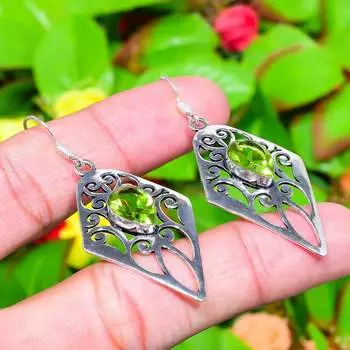 Серьги ручной работы из стерлингового серебра 925 пробы с натуральным драгоценным камнем перидот 2,32 дюйма H8u95