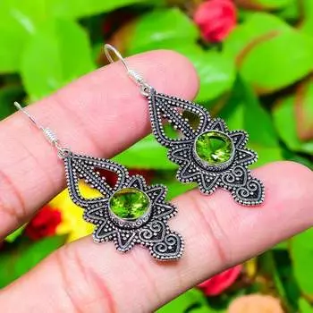 Серьги ручной работы из стерлингового серебра 925 пробы с натуральным драгоценным камнем перидот 2,09 дюйма v7p24