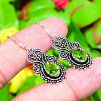 Серьги ручной работы из стерлингового серебра 925 пробы с натуральным драгоценным камнем перидот 1,77 дюйма W4Y19