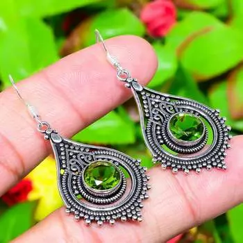 Серьги ручной работы из стерлингового серебра 925 пробы с натуральным драгоценным камнем перидот 2,13 дюйма c3R92