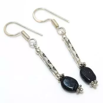 Серьги ручной работы из стерлингового серебра 925 пробы с натуральным черным солнечным камнем 2,05 дюйма W0f50