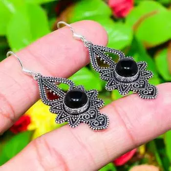 Серьги ручной работы из стерлингового серебра 925 пробы с натуральным черным ониксом 2,09 дюйма e8o29