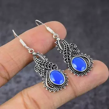 Серьги ручной работы из стерлингового серебра 925 пробы с натуральным синим халцедоном 2 дюйма i2W58