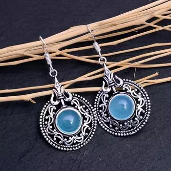 Серьги ручной работы из стерлингового серебра 925 пробы с натуральным синим халцедоном 2 дюйма Q5I99