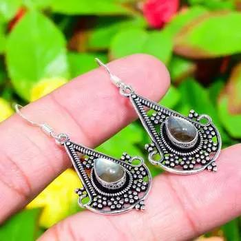 Серьги ручной работы из стерлингового серебра 925 пробы с натуральным лабрадоритом, 1,97 дюйма, v2d96