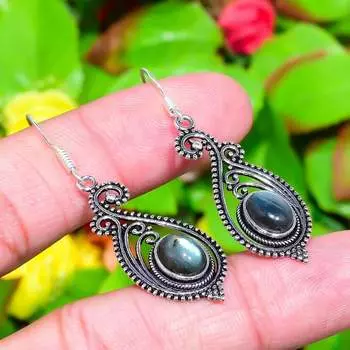 Серьги ручной работы из стерлингового серебра 925 пробы с натуральным лабрадоритом 2,01 дюйма K2F72