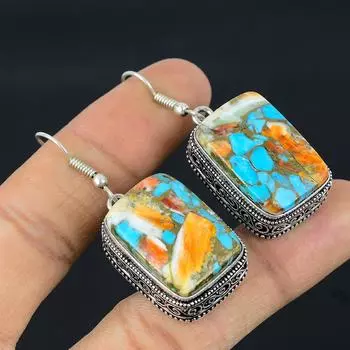 Серьги ручной работы из стерлингового серебра 925 пробы с натуральным драгоценным камнем колючей устрицы 2 дюйма p1b02