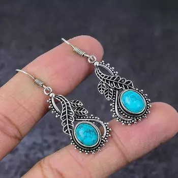 Серьги ручной работы из стерлингового серебра 925 пробы с натуральным тибетским бирюзовым камнем 2 дюйма O4H15