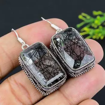 Серьги ручной работы из стерлингового серебра 925 пробы с натуральным черным рутилом 1,97 дюйма R9J23