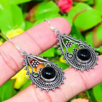 Серьги ручной работы из стерлингового серебра 925 пробы с натуральным черным ониксом 2,05 дюйма Y4e81