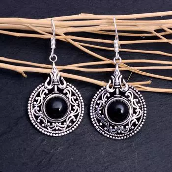 Серьги ручной работы из стерлингового серебра 925 пробы с натуральным черным ониксом 2 дюйма P9d54