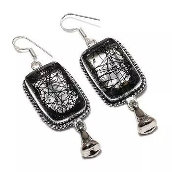 Серьги ручной работы из стерлингового серебра 925 пробы с натуральным черным рутилом 2,56 дюйма J6o64