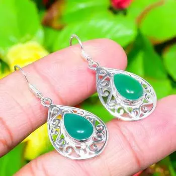 Серьги ручной работы из стерлингового серебра 925 пробы с натуральным зеленым ониксом, размером 1,65 дюйма, U5w52