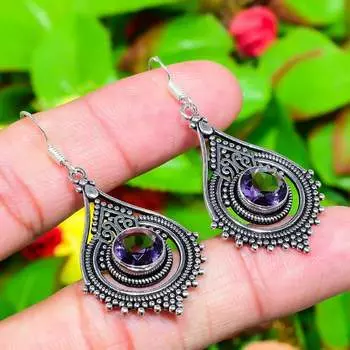 Серьги ручной работы из стерлингового серебра 925 пробы с натуральным аметистом 2,13 дюйма w3e70