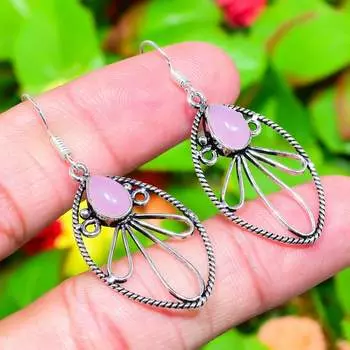 Серьги ручной работы из стерлингового серебра 925 пробы с натуральным розовым кварцем 2,01 дюйма U1w60