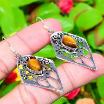 Серьги ручной работы из стерлингового серебра 925 пробы с натуральным драгоценным камнем «Тигровый глаз» 2,32 дюйма v9y11