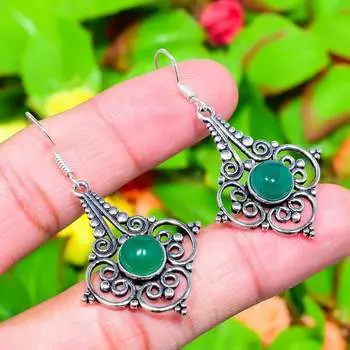 Серьги ручной работы из стерлингового серебра 925 пробы с натуральным зеленым ониксом, 1,97 дюйма, g8m31