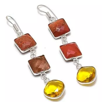 Серьги ручной работы из стерлингового серебра 925 пробы с натуральным красным солнечным камнем 2,80 дюйма V9O58