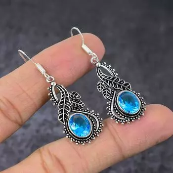 Серьги ручной работы из стерлингового серебра 925 пробы с натуральным швейцарским голубым топазом 2 дюйма e1c94