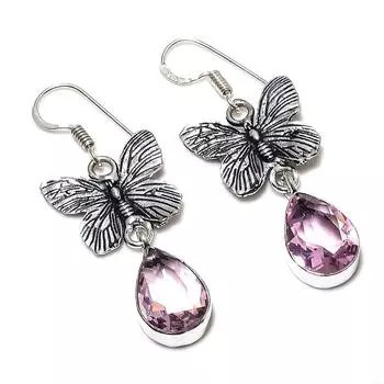 Серьги ручной работы из стерлингового серебра 925 пробы с натуральным розовым кунцитом 1,97 дюйма P4c12