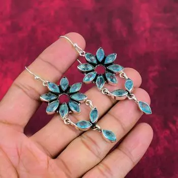 Серьги ручной работы из стерлингового серебра 925 пробы с синим топазом, свадебные украшения на День Благодарения 3.03 Inches синий