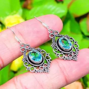 Серьги ручной работы из стерлингового серебра 925 пробы с натуральным синим топазом, 1,69 дюйма, h3T99