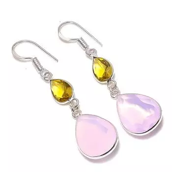 Серьги ручной работы из стерлингового серебра 925 пробы с натуральным розовым кунцитом и цитрином 2,17 дюйма b4O58