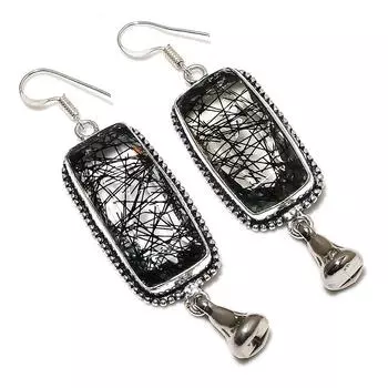 Серьги ручной работы из стерлингового серебра 925 пробы с натуральным черным рутилом 2,68 дюйма N4Q71