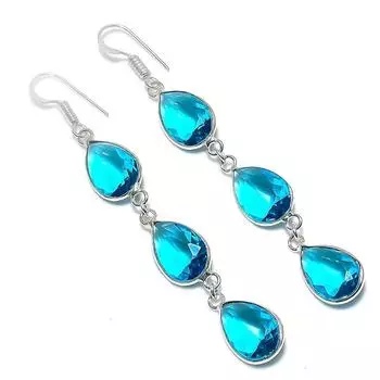 Серьги ручной работы из стерлингового серебра 925 пробы с натуральным синим топазом 3,15 дюйма W4y07