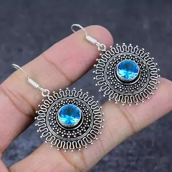 Серьги ручной работы из стерлингового серебра 925 пробы с натуральным швейцарским голубым топазом 2 дюйма o2L42