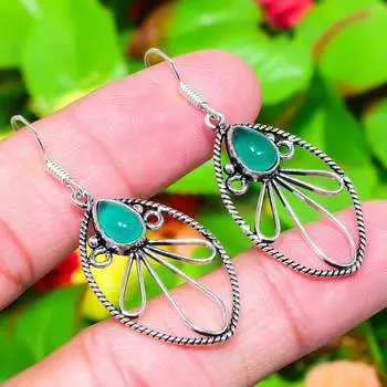 Серьги ручной работы из стерлингового серебра 925 пробы с натуральным зеленым ониксом 2,01 дюйма B9h33