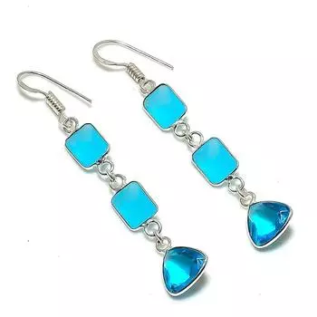 Серьги ручной работы из стерлингового серебра 925 пробы с натуральным водным халцедоном 2,56 дюйма Q0s85