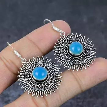 Серьги ручной работы из стерлингового серебра 925 пробы с натуральным водным халцедоном 2 дюйма O4H93