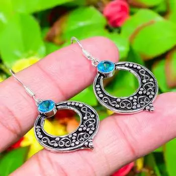 Серьги ручной работы из стерлингового серебра 925 пробы с натуральным синим топазом 1,85 дюйма R2J27