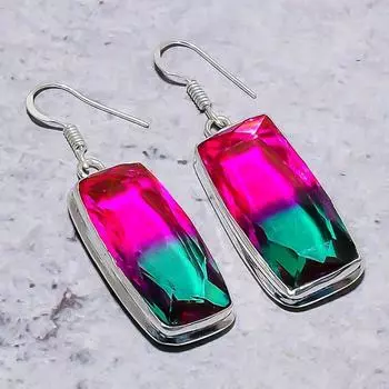 Серьги ручной работы из стерлингового серебра 925 пробы с двухцветным турмалином и драгоценным камнем 2,01 дюйма E8d24