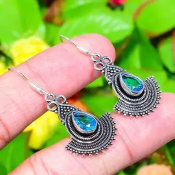 Серьги ручной работы из стерлингового серебра 925 пробы с натуральным синим топазом 1,73 дюйма Y8L84