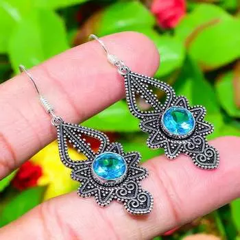 Серьги ручной работы из стерлингового серебра 925 пробы с натуральным синим топазом 2,09 дюйма K4N98