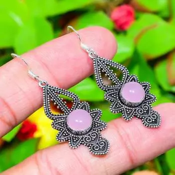 Серьги ручной работы из стерлингового серебра 925 пробы с натуральным розовым кварцем 2,09 дюйма J3N84