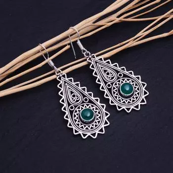 Серьги ручной работы из стерлингового серебра 925 пробы с натуральным зеленым ониксом, 2,30 дюйма, f5w74