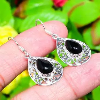 Серьги ручной работы из стерлингового серебра 925 пробы с натуральным черным ониксом 1,65 дюйма G0Q84